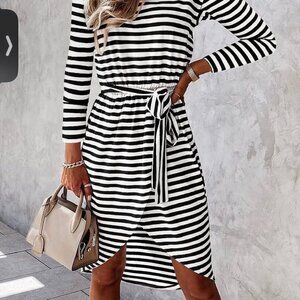 NWT NEW Women's Merokeety Black & White Stripe Sheath Dress with Pockets, L